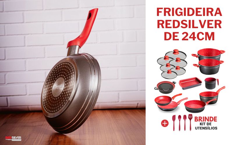 Frigideira de 24 cm com tampa em vermelho e prata – RedSilver Panelas 